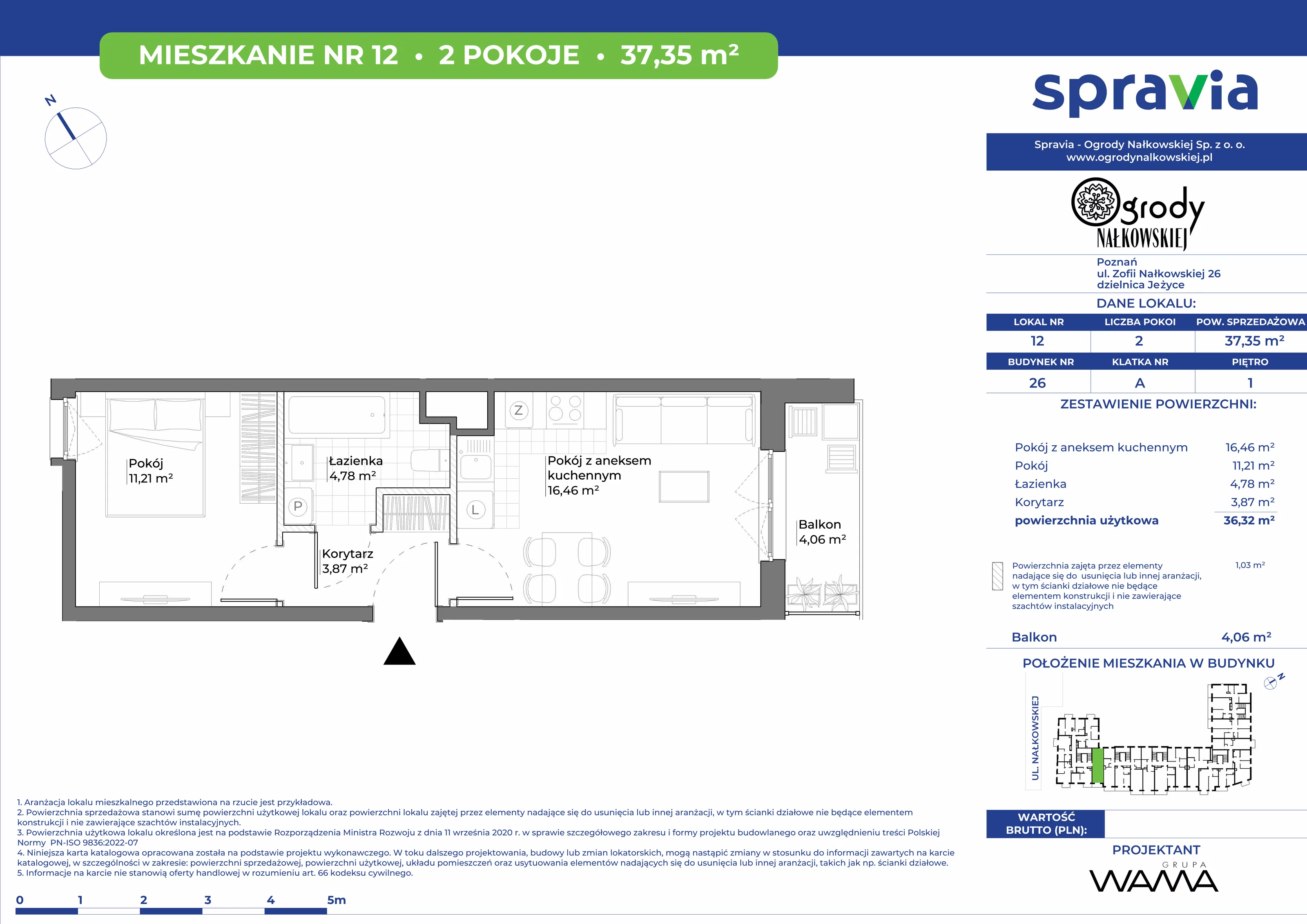 2 pokoje, mieszkanie 37,35 m², piętro 1, oferta nr 26-12, Ogrody Nałkowskiej, Poznań, Ogrody, ul. Nałkowskiej 24, 26